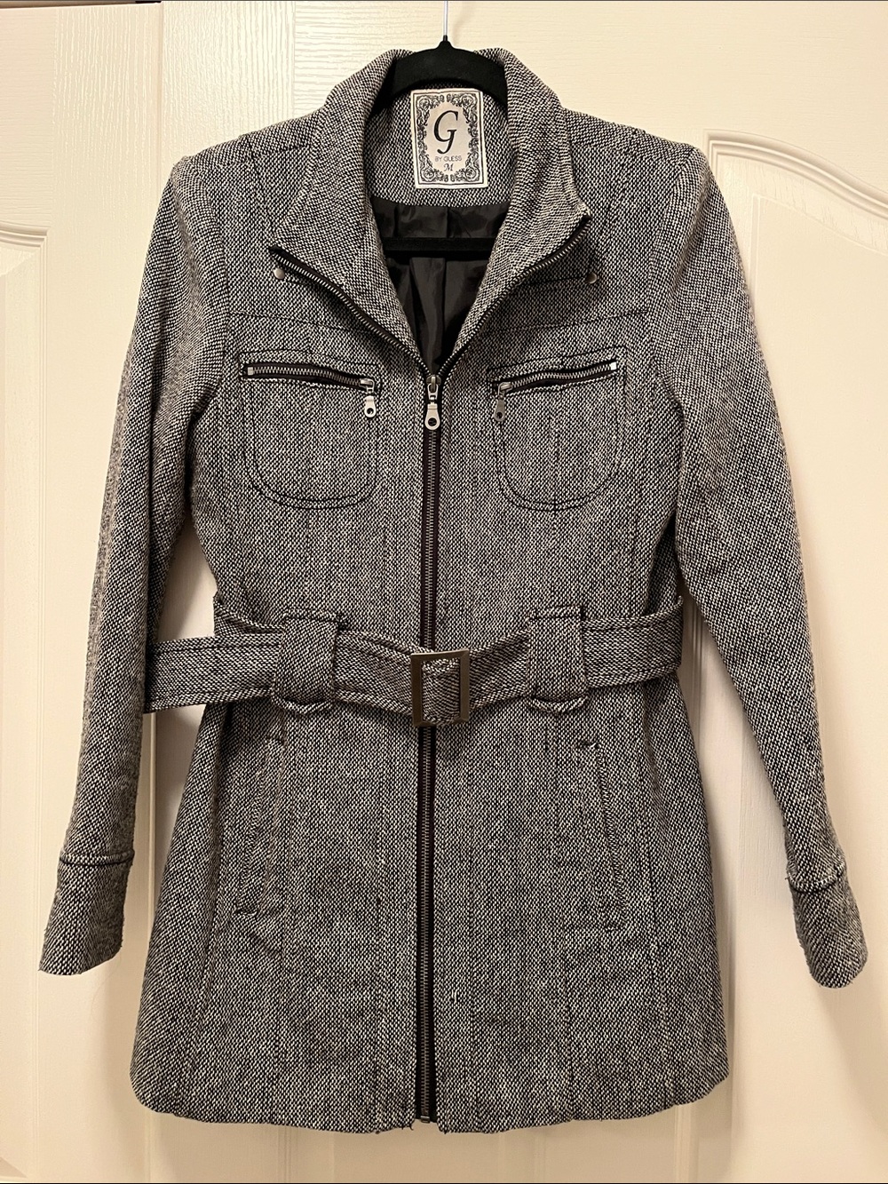 G by Guess Black and White Herringbone Belted Trench Coat